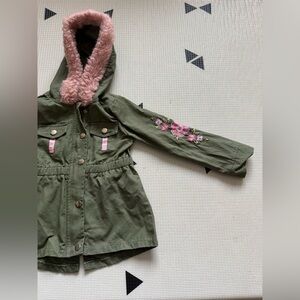 Little Lass|Baby girl,toddler olive anorak jacket,embroidered florals & Fur Trim